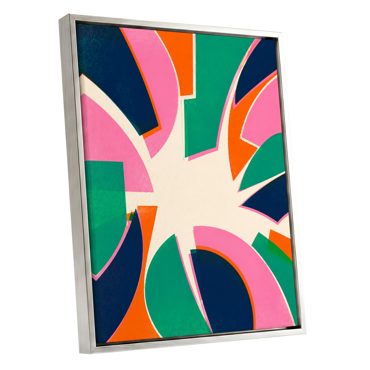 Electric Petalburst, green, pink, blue abstract wall art shown as a silver framed canvas wall art