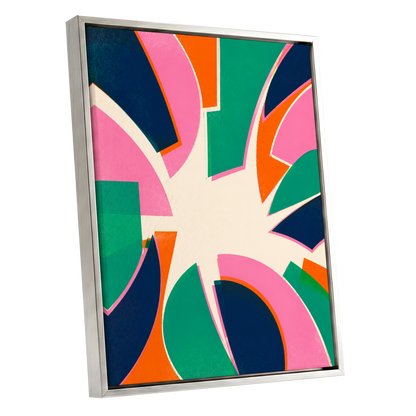Electric Petalburst, green, pink, blue abstract wall art shown as a silver framed canvas wall art