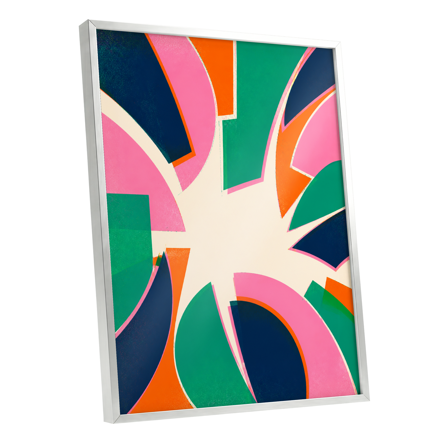 Electric Petalburst, green, pink, blue abstract wall art shown as a silver framed poster wall art print