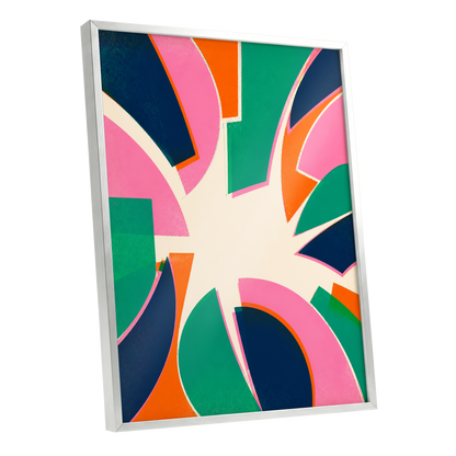 Electric Petalburst, green, pink, blue abstract wall art shown as a silver framed poster wall art print