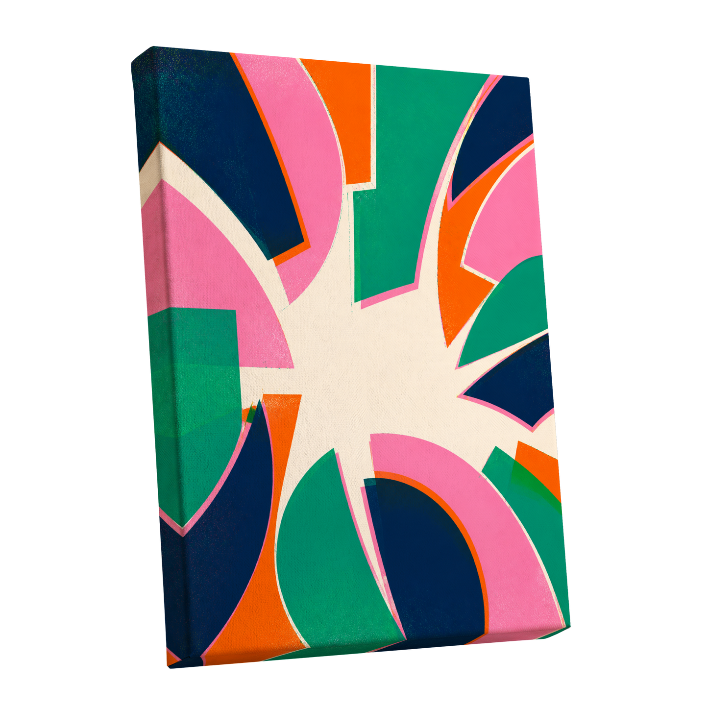 Electric Petalburst, green, pink, blue abstract wall art shown as a stretched canvas wall art