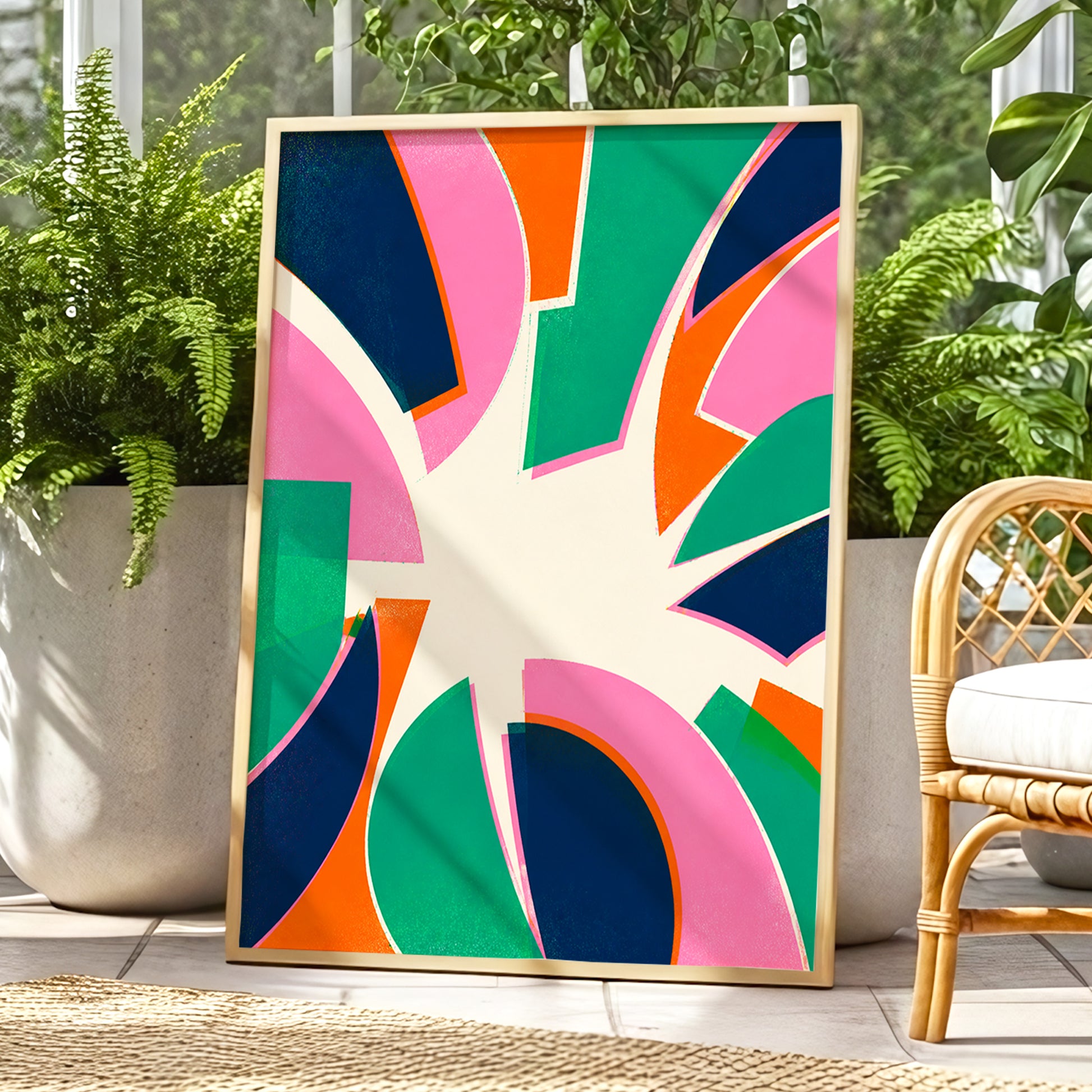 Electric Petalburst, green, pink, blue abstract wall art displayed in a styled interior, gallery view 1
