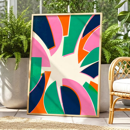 Electric Petalburst, green, pink, blue abstract wall art displayed in a styled interior, gallery view 1