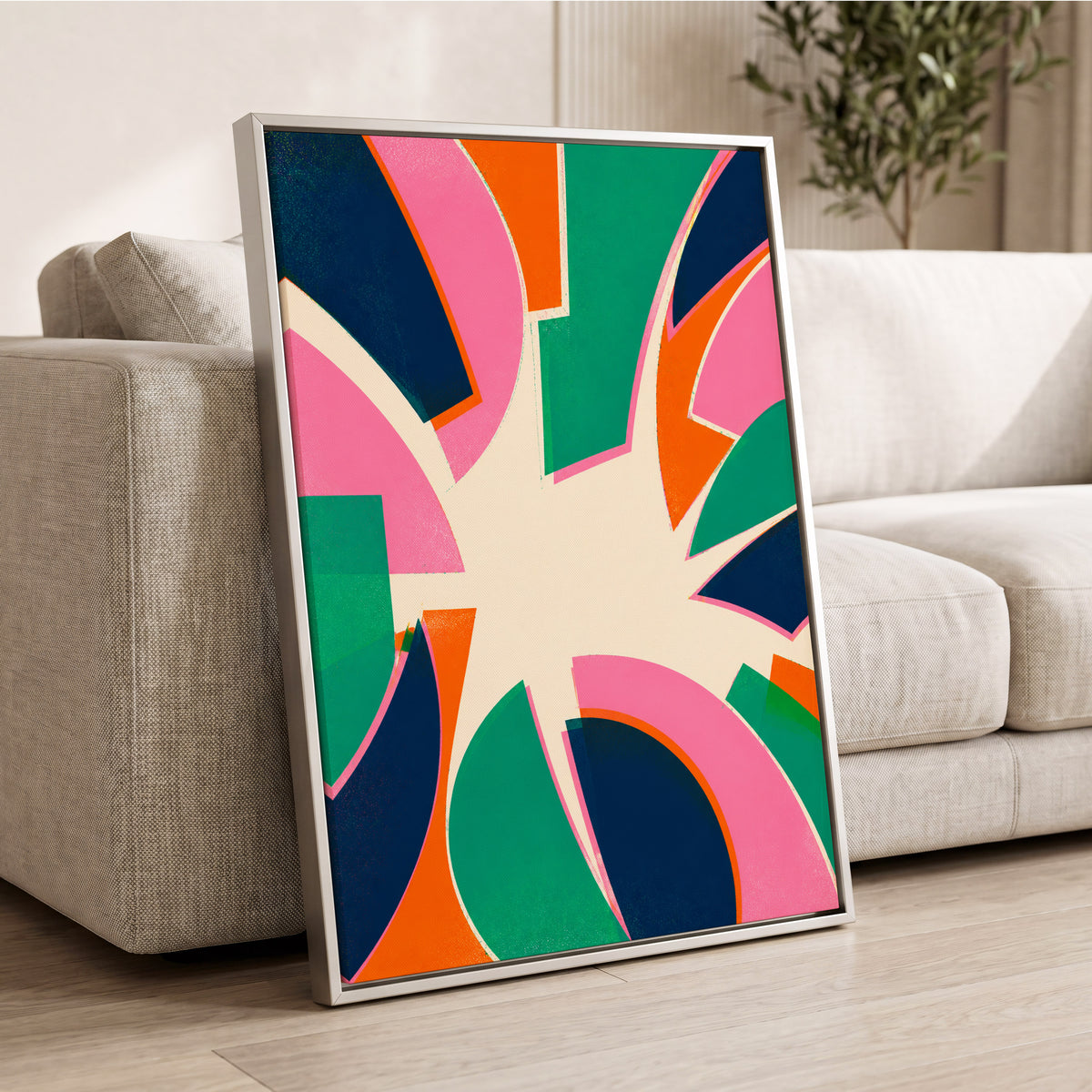 Electric Petalburst, green, pink, blue abstract wall art displayed in a styled interior, gallery view 2