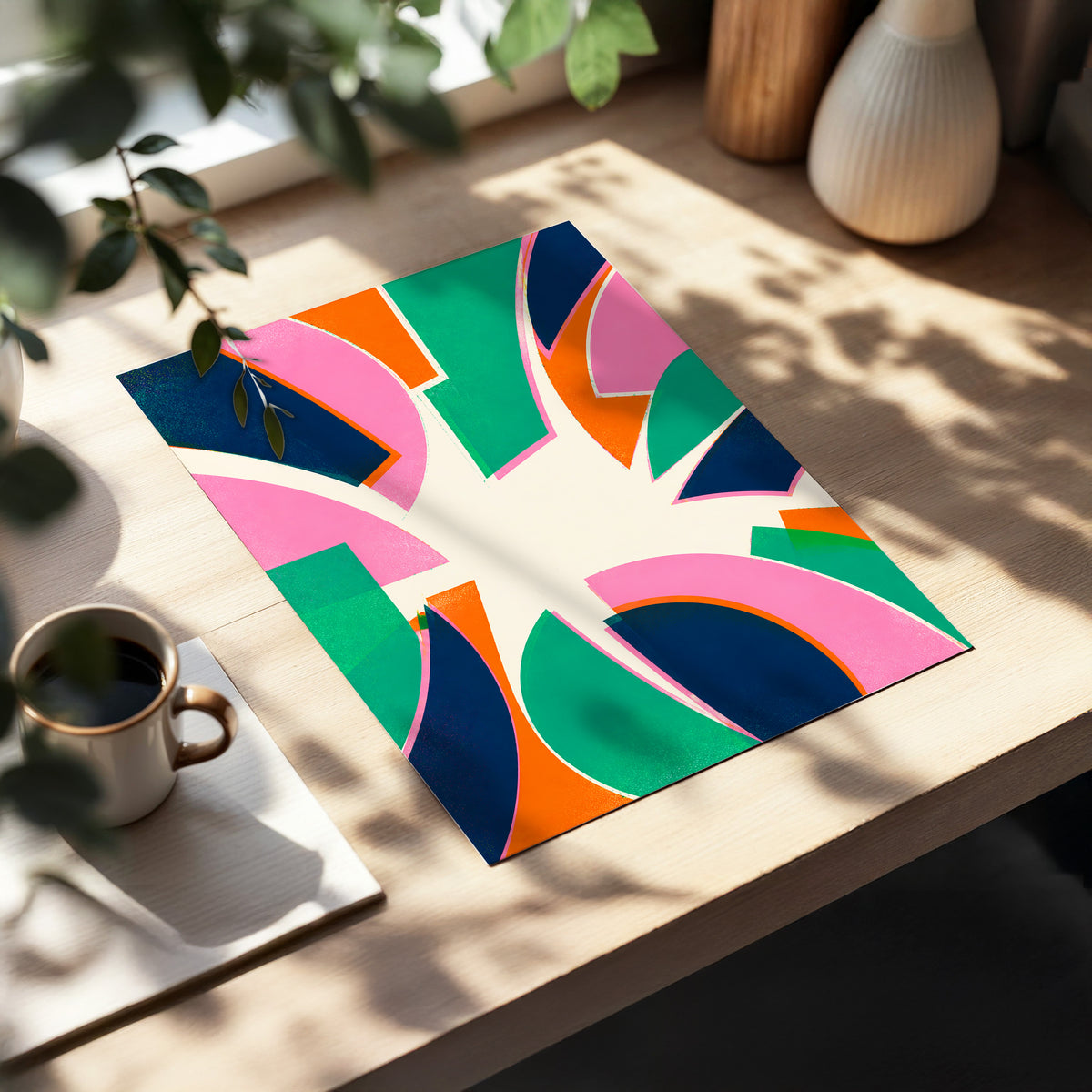 Electric Petalburst, green, pink, blue abstract wall art displayed in a styled interior, gallery view 3