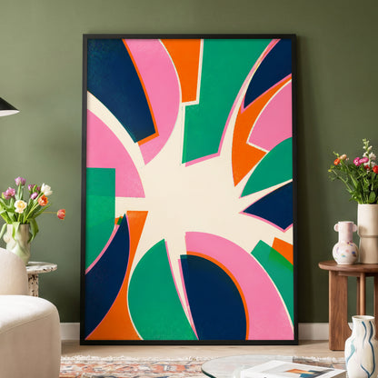 Electric Petalburst, green, pink, blue abstract wall art displayed in a styled interior, gallery view 4
