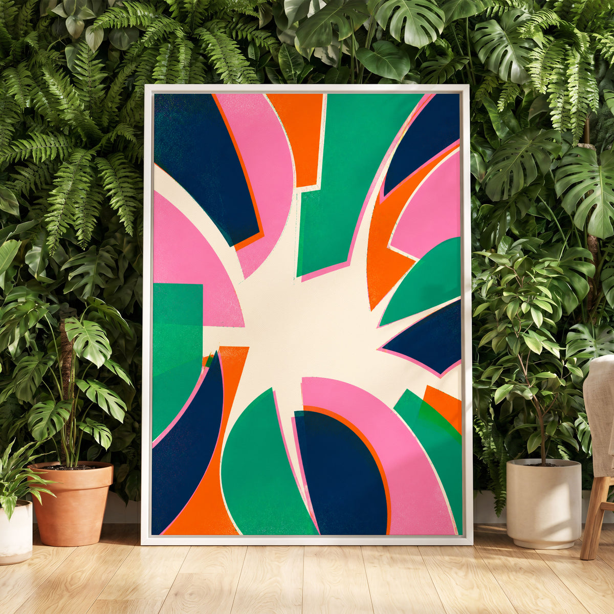 Electric Petalburst, green, pink, blue abstract wall art displayed in a styled interior, gallery view 5