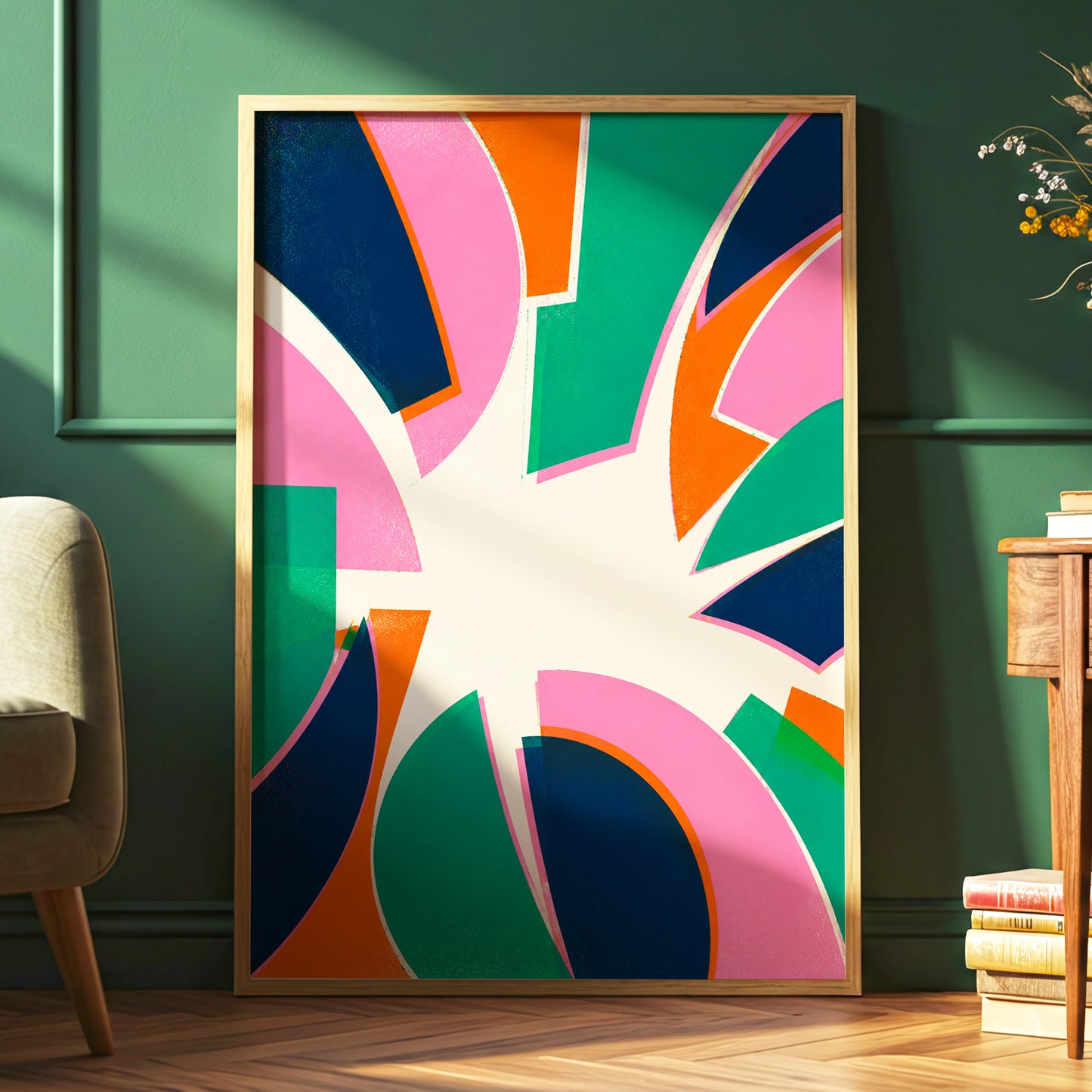 Electric Petalburst, green, pink, blue abstract wall art displayed in a styled interior, gallery view 6