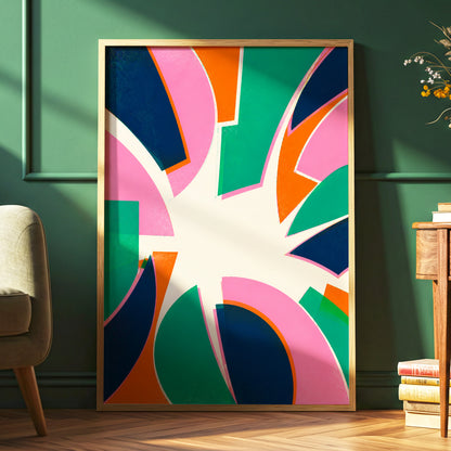 Electric Petalburst, green, pink, blue abstract wall art displayed in a styled interior, gallery view 6