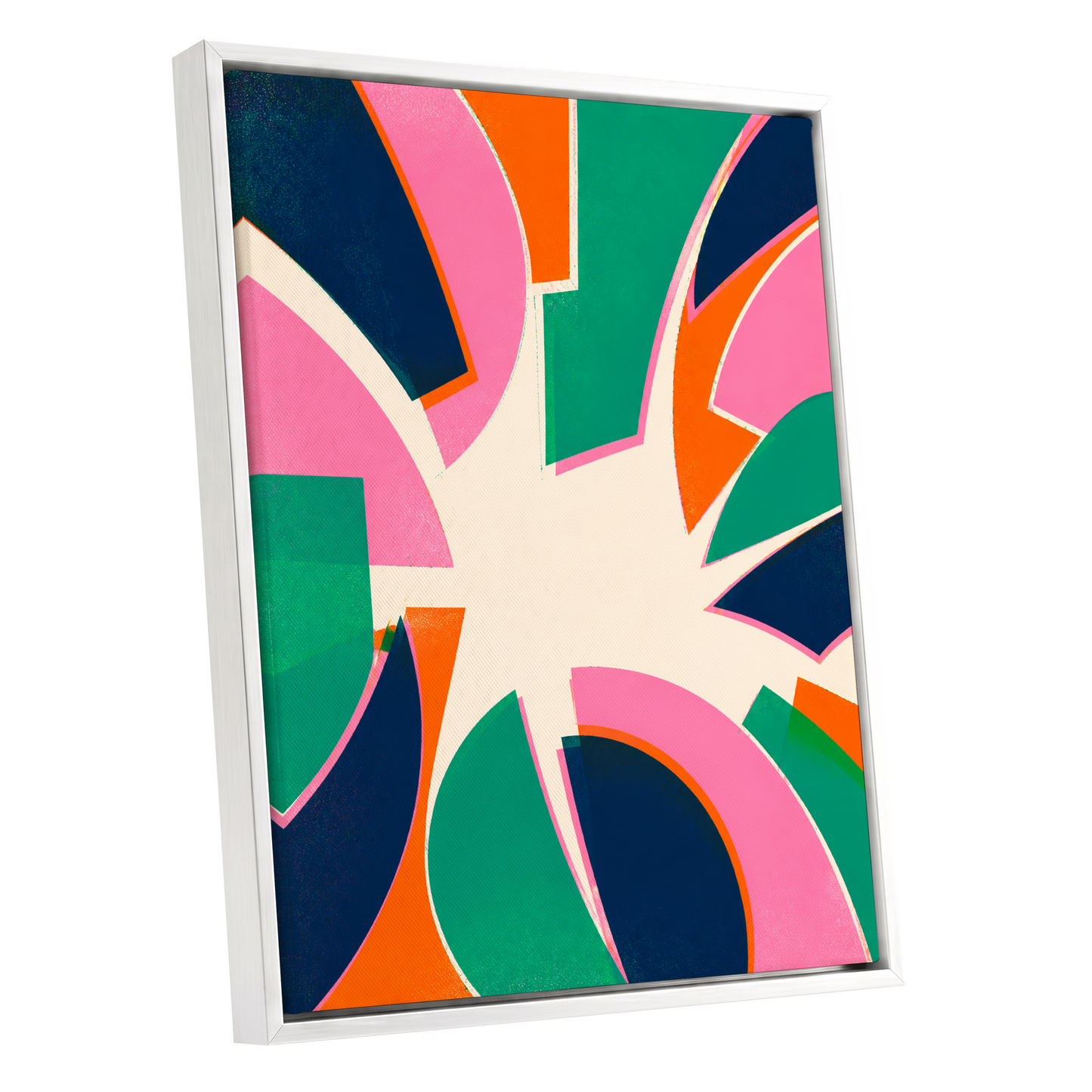 Electric Petalburst, green, pink, blue abstract wall art shown as a white framed canvas wall art