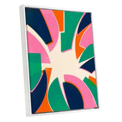 Electric Petalburst, green, pink, blue abstract wall art shown as a white framed canvas wall art