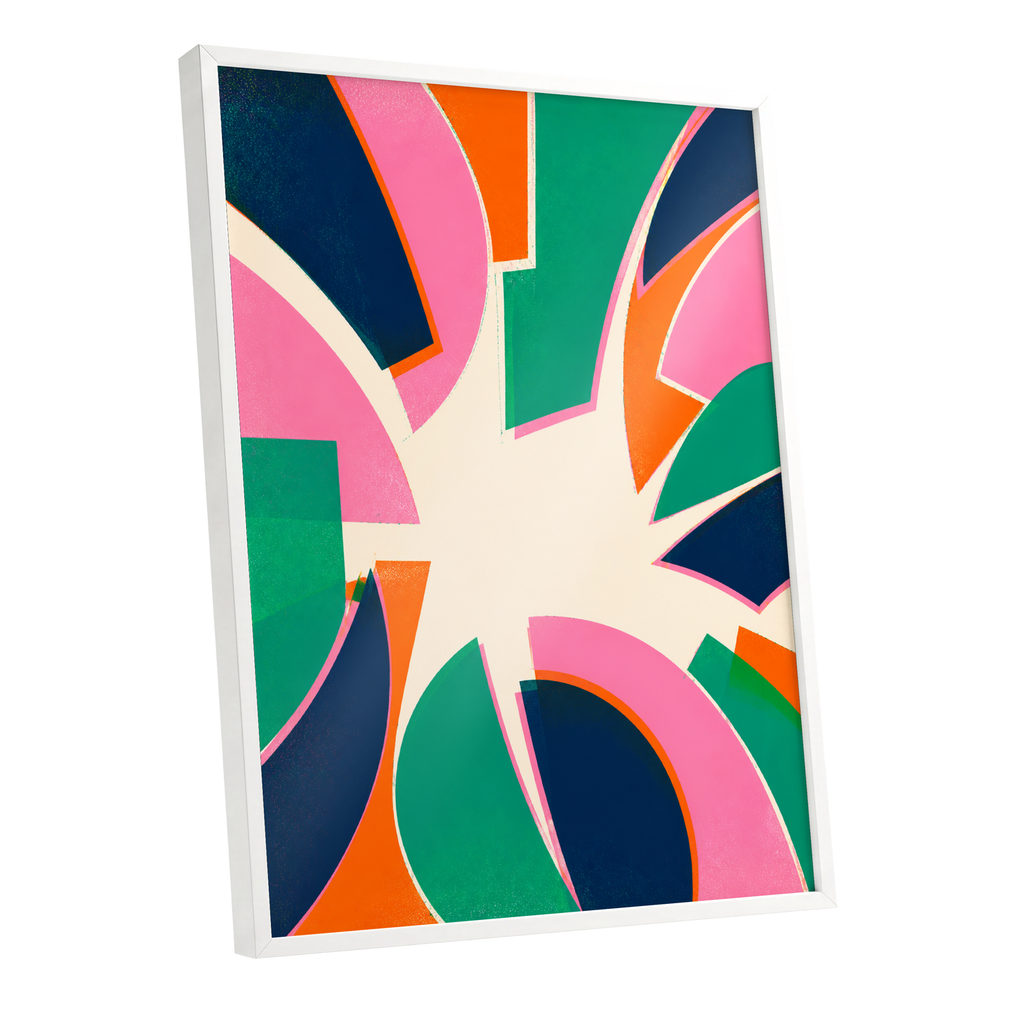 Electric Petalburst, green, pink, blue abstract wall art shown as a white framed poster wall art print