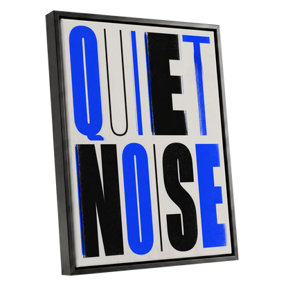 Electric Quiet, blue, black, beige minimalist wall art shown as a black framed canvas wall art