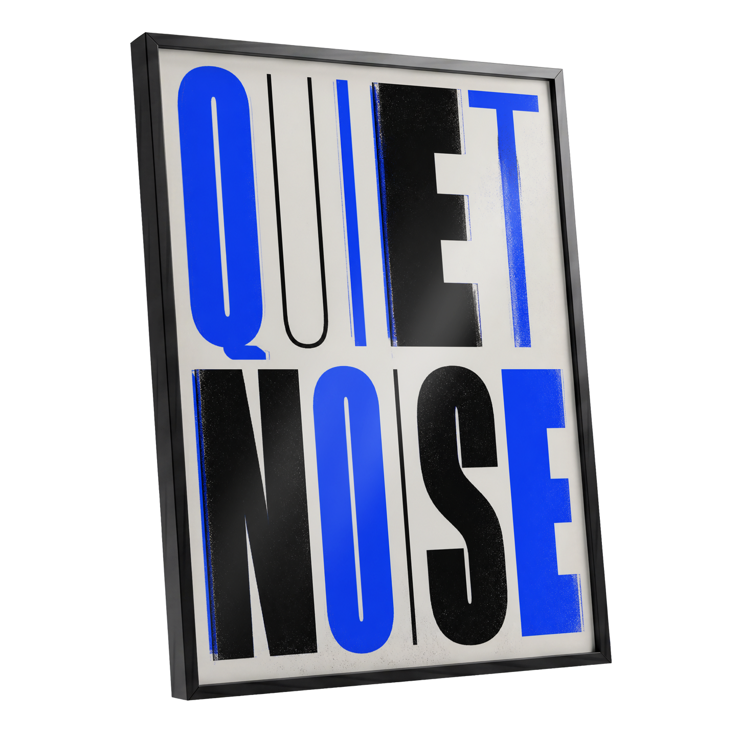 Electric Quiet, blue, black, beige minimalist wall art shown as a black framed poster wall art print