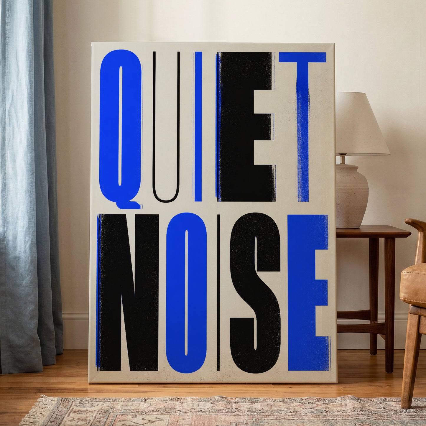 Electric Quiet, blue, black, beige minimalist wall art on canvas displayed in a styled interior, gallery view 1