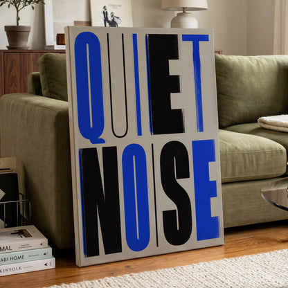 Electric Quiet, blue, black, beige minimalist wall art on canvas displayed in a styled interior, gallery view 2