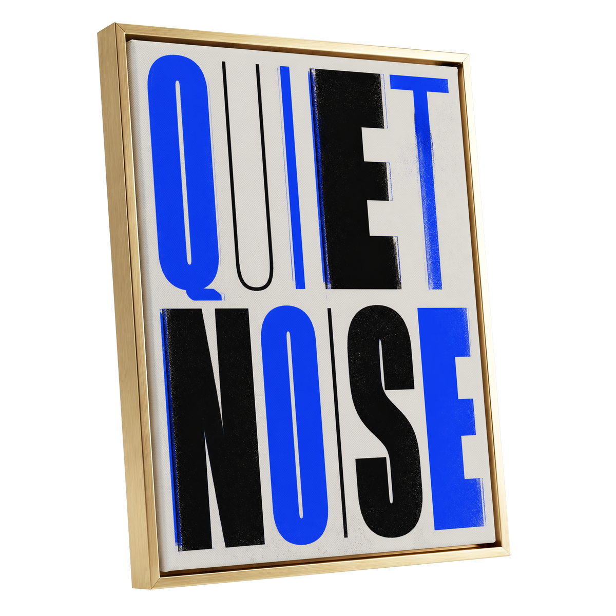 Electric Quiet, blue, black, beige minimalist wall art shown as a gold framed canvas wall art