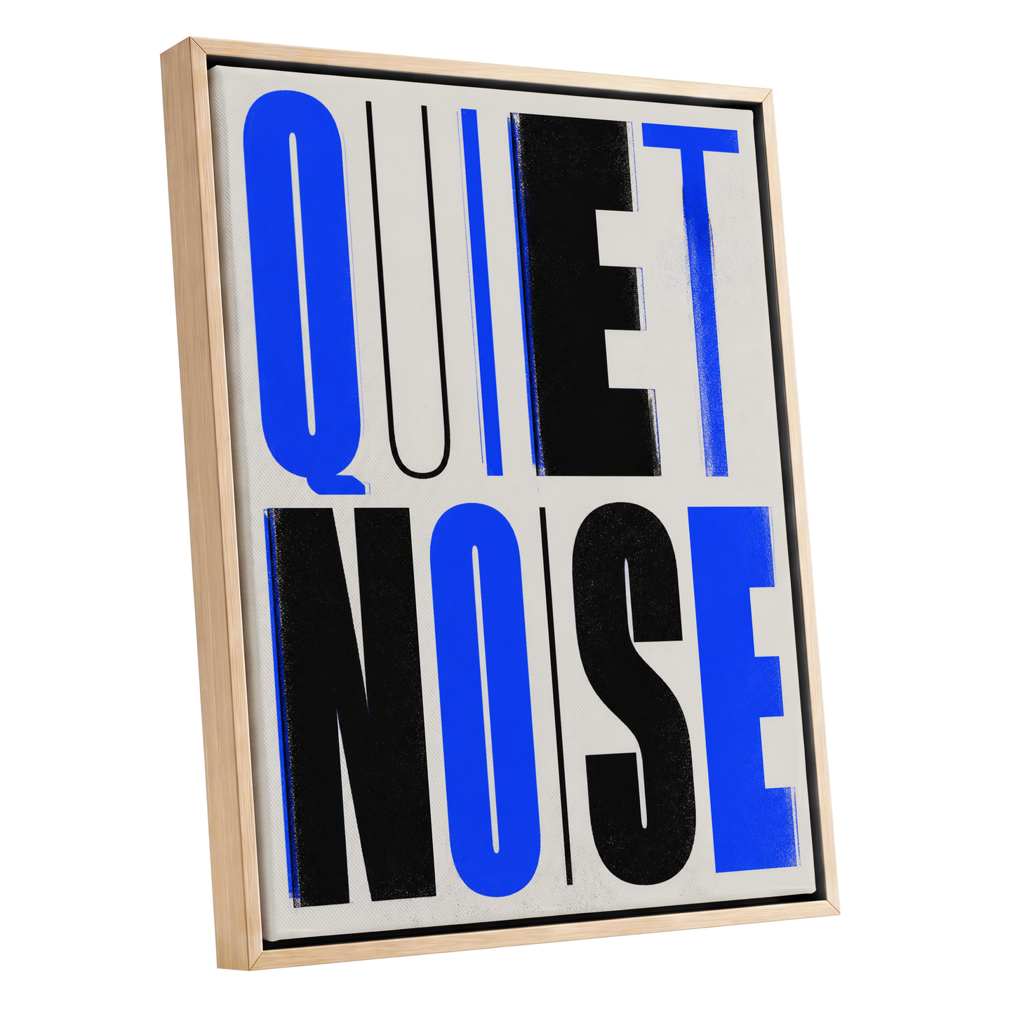 Electric Quiet, blue, black, beige minimalist wall art shown as a oak framed canvas wall art