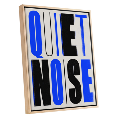 Electric Quiet, blue, black, beige minimalist wall art shown as a oak framed canvas wall art