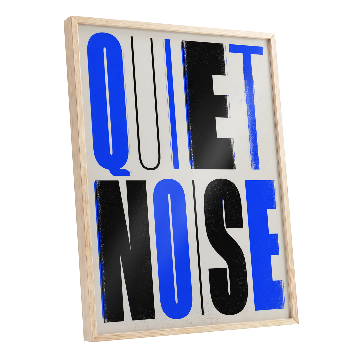 Electric Quiet, blue, black, beige minimalist wall art shown as a oak framed poster wall art print