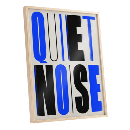 Electric Quiet, blue, black, beige minimalist wall art shown as a oak framed poster wall art print