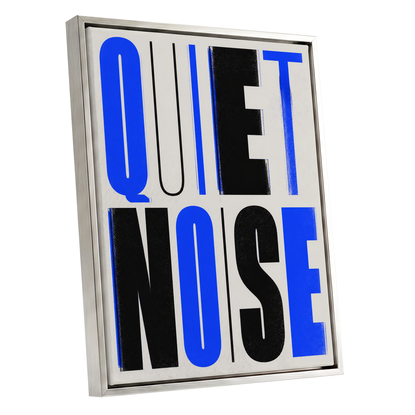 Electric Quiet, blue, black, beige minimalist wall art shown as a silver framed canvas wall art