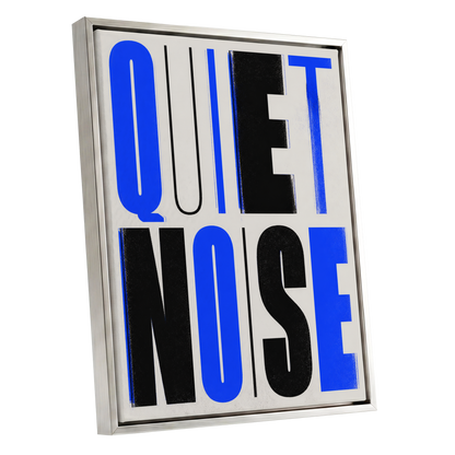 Electric Quiet, blue, black, beige minimalist wall art shown as a silver framed canvas wall art