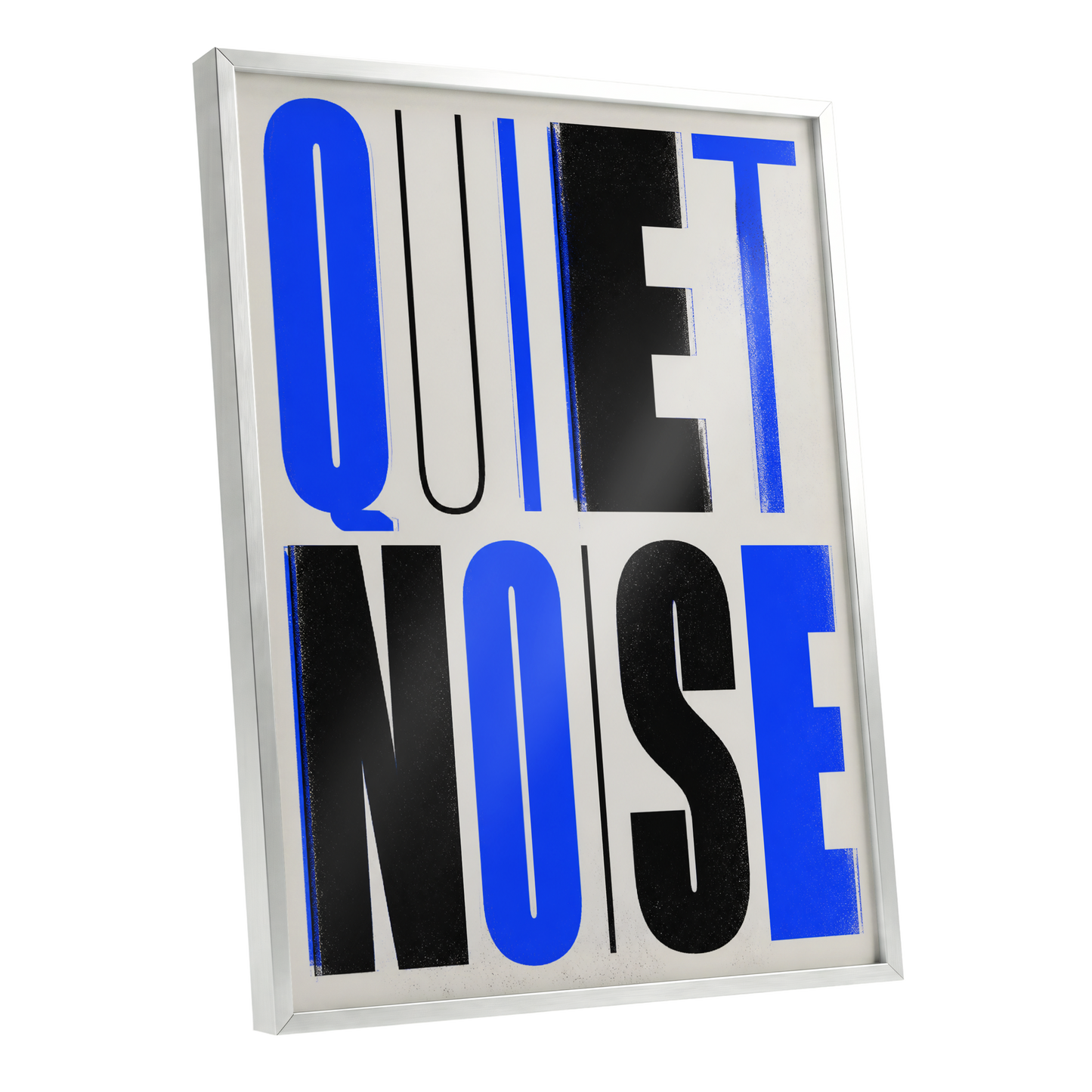 Electric Quiet, blue, black, beige minimalist wall art shown as a silver framed poster wall art print