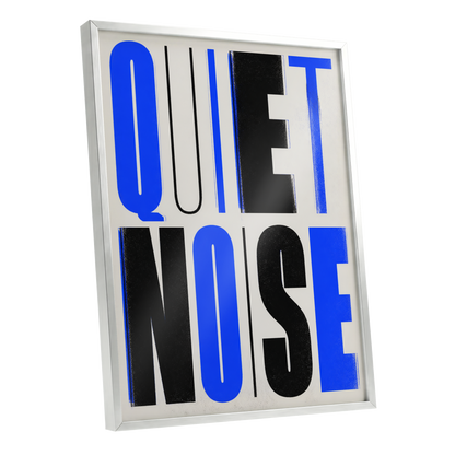Electric Quiet, blue, black, beige minimalist wall art shown as a silver framed poster wall art print
