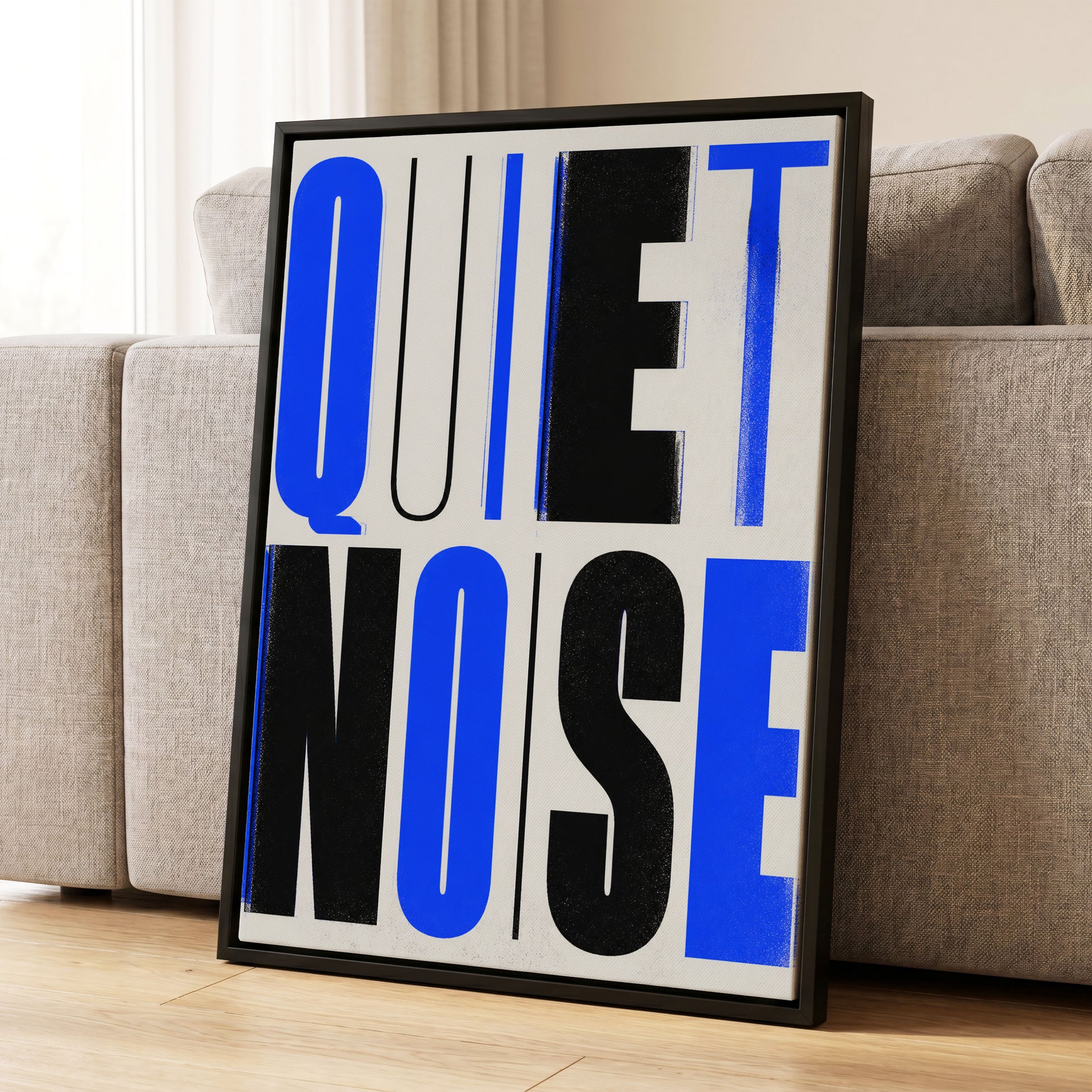 Electric Quiet, blue, black, beige minimalist wall art displayed in a styled interior, gallery view 1