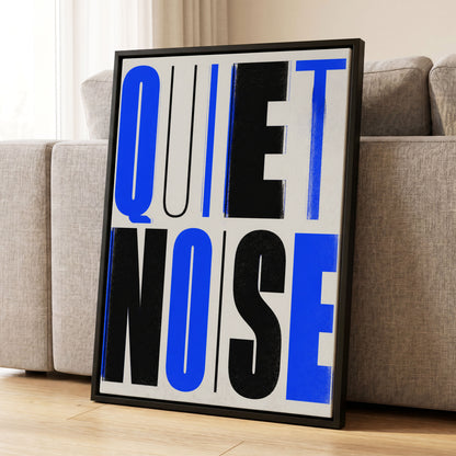 Electric Quiet, blue, black, beige minimalist wall art displayed in a styled interior, gallery view 1