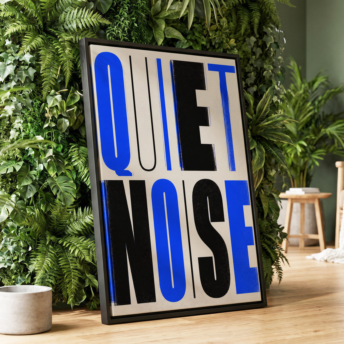 Electric Quiet, blue, black, beige minimalist wall art displayed in a styled interior, gallery view 2