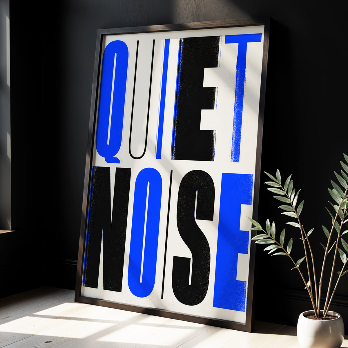 Electric Quiet, blue, black, beige minimalist wall art displayed in a styled interior, gallery view 3