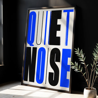 Electric Quiet, blue, black, beige minimalist wall art displayed in a styled interior, gallery view 3
