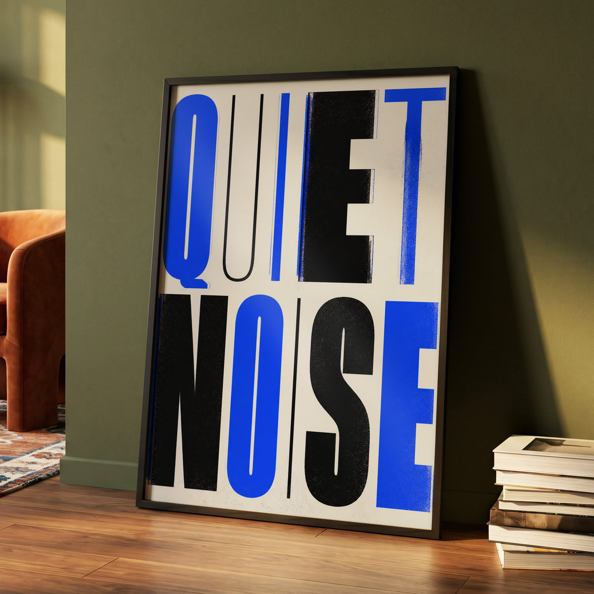 Electric Quiet, blue, black, beige minimalist wall art displayed in a styled interior, gallery view 5