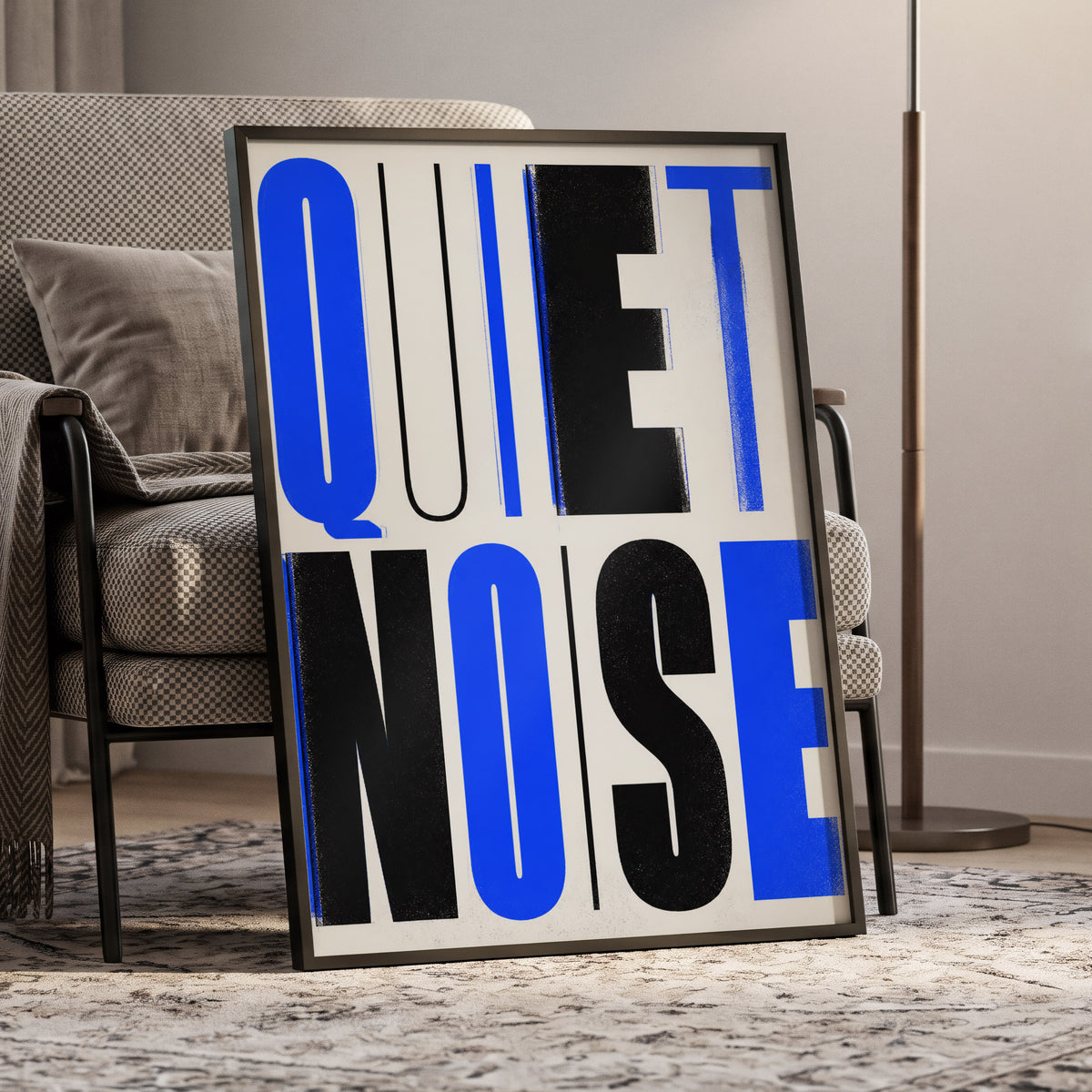 Electric Quiet, blue, black, beige minimalist wall art displayed in a styled interior, gallery view 6
