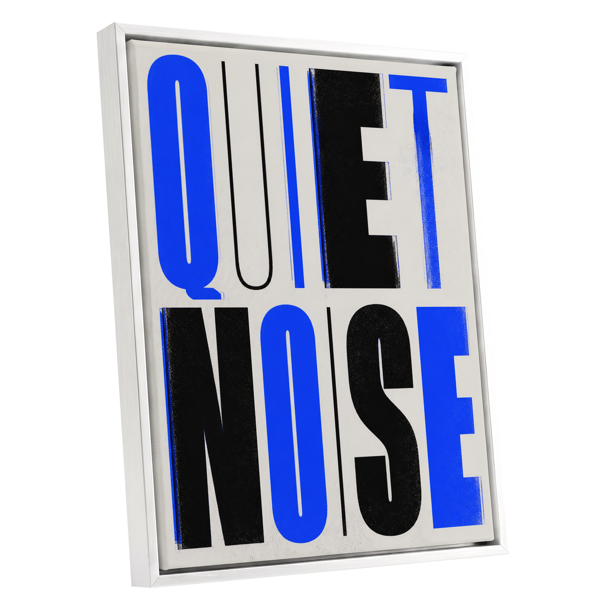 Electric Quiet, blue, black, beige minimalist wall art shown as a white framed canvas wall art