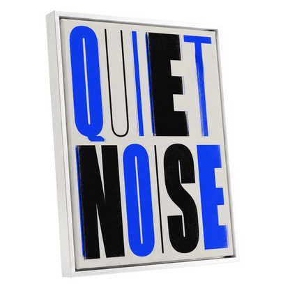 Electric Quiet, blue, black, beige minimalist wall art shown as a white framed canvas wall art