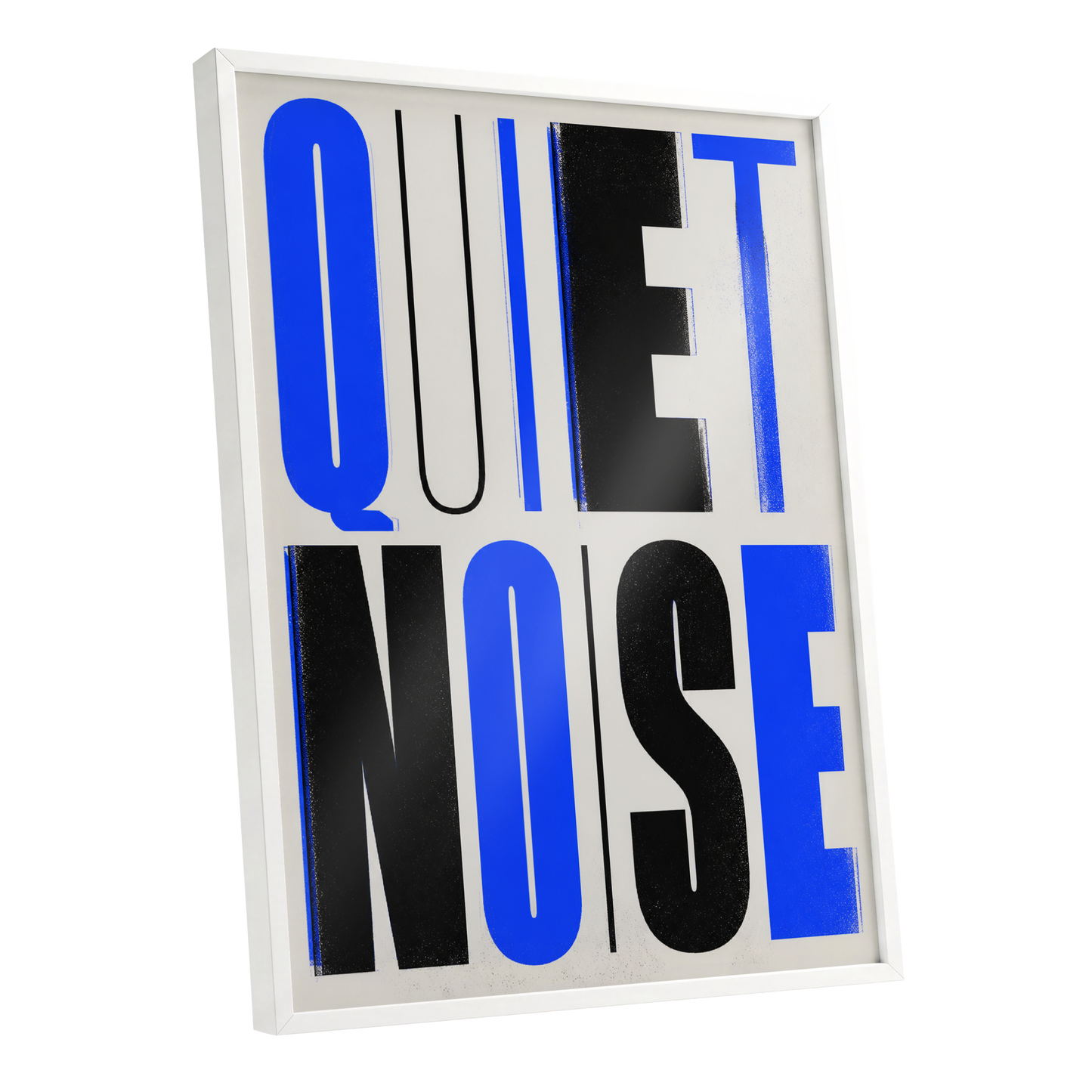 Electric Quiet, blue, black, beige minimalist wall art shown as a white framed poster wall art print