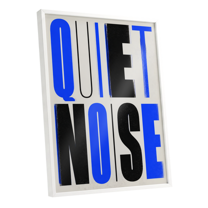 Electric Quiet, blue, black, beige minimalist wall art shown as a white framed poster wall art print