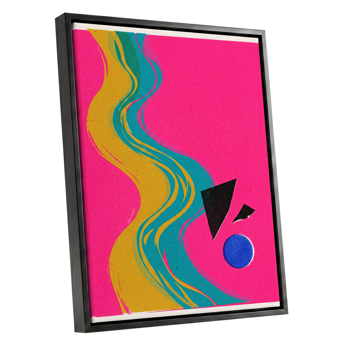 Electric River, pink, gold, green abstract wall art shown as a black framed canvas wall art