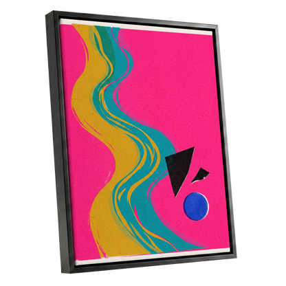 Electric River, pink, gold, green abstract wall art shown as a black framed canvas wall art