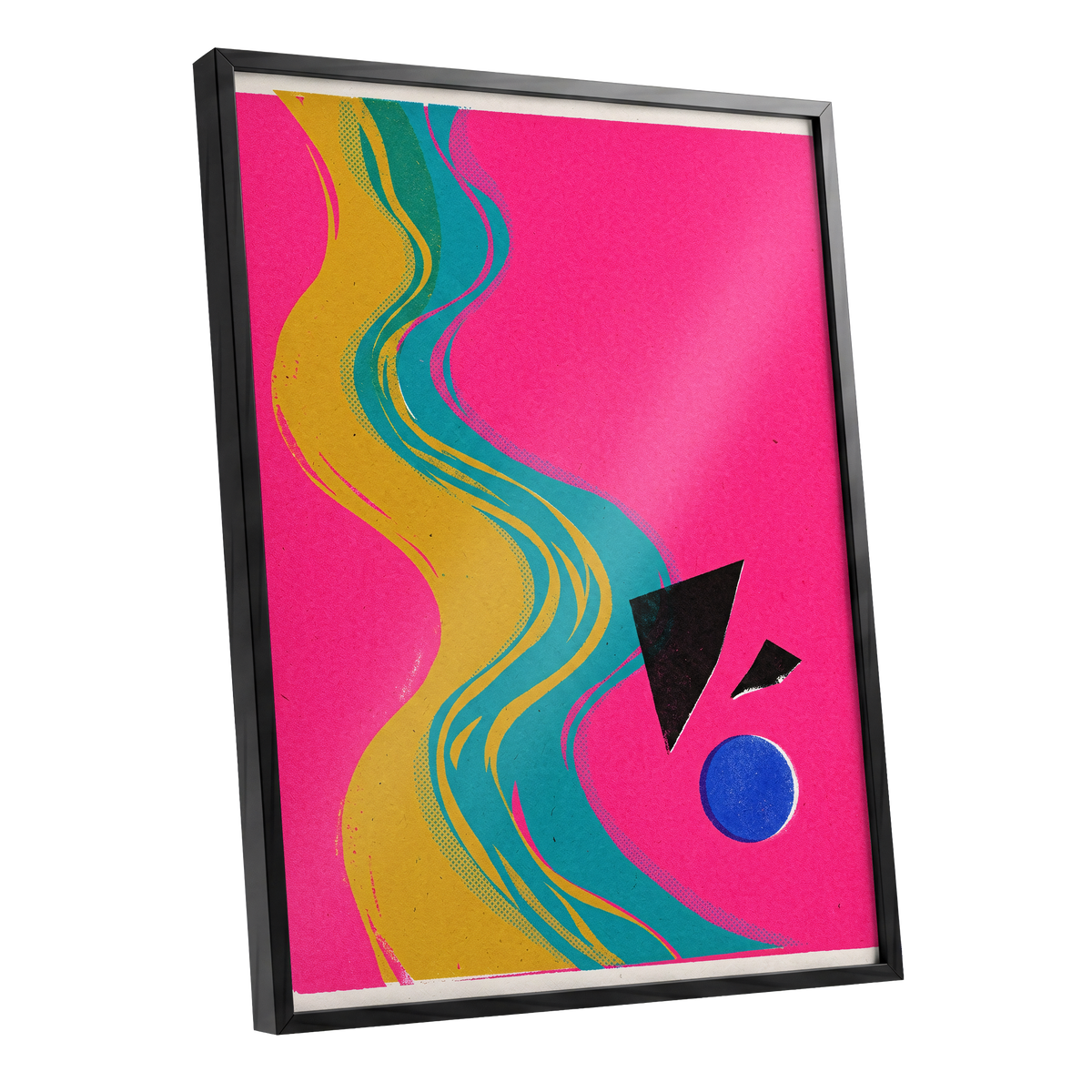Electric River, pink, gold, green abstract wall art shown as a black framed poster wall art print