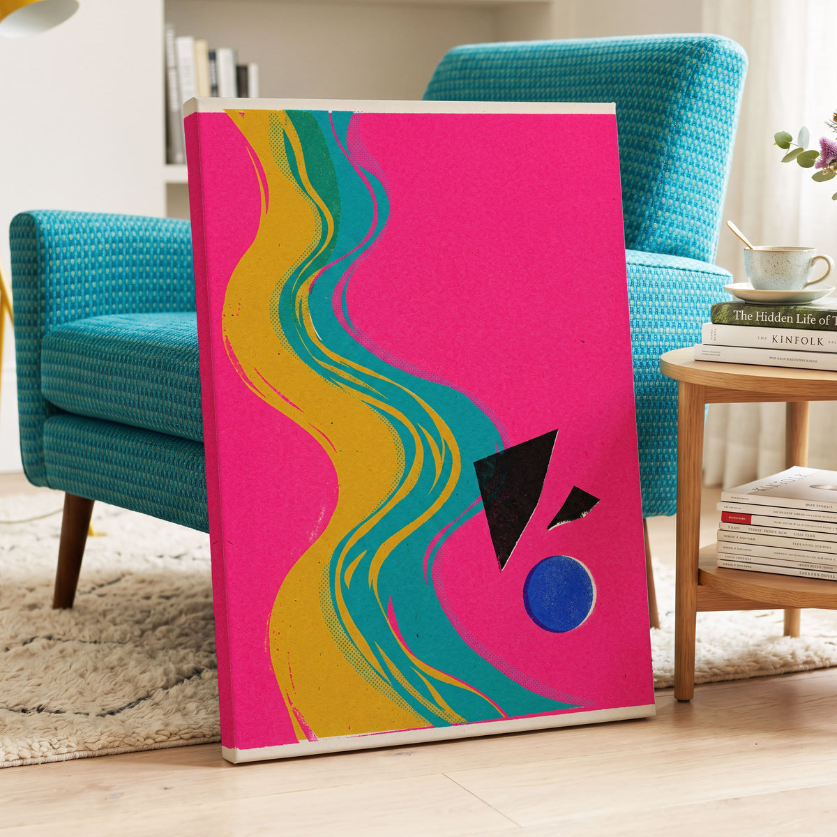 Electric River, pink, gold, green abstract wall art on canvas displayed in a styled interior, gallery view 1