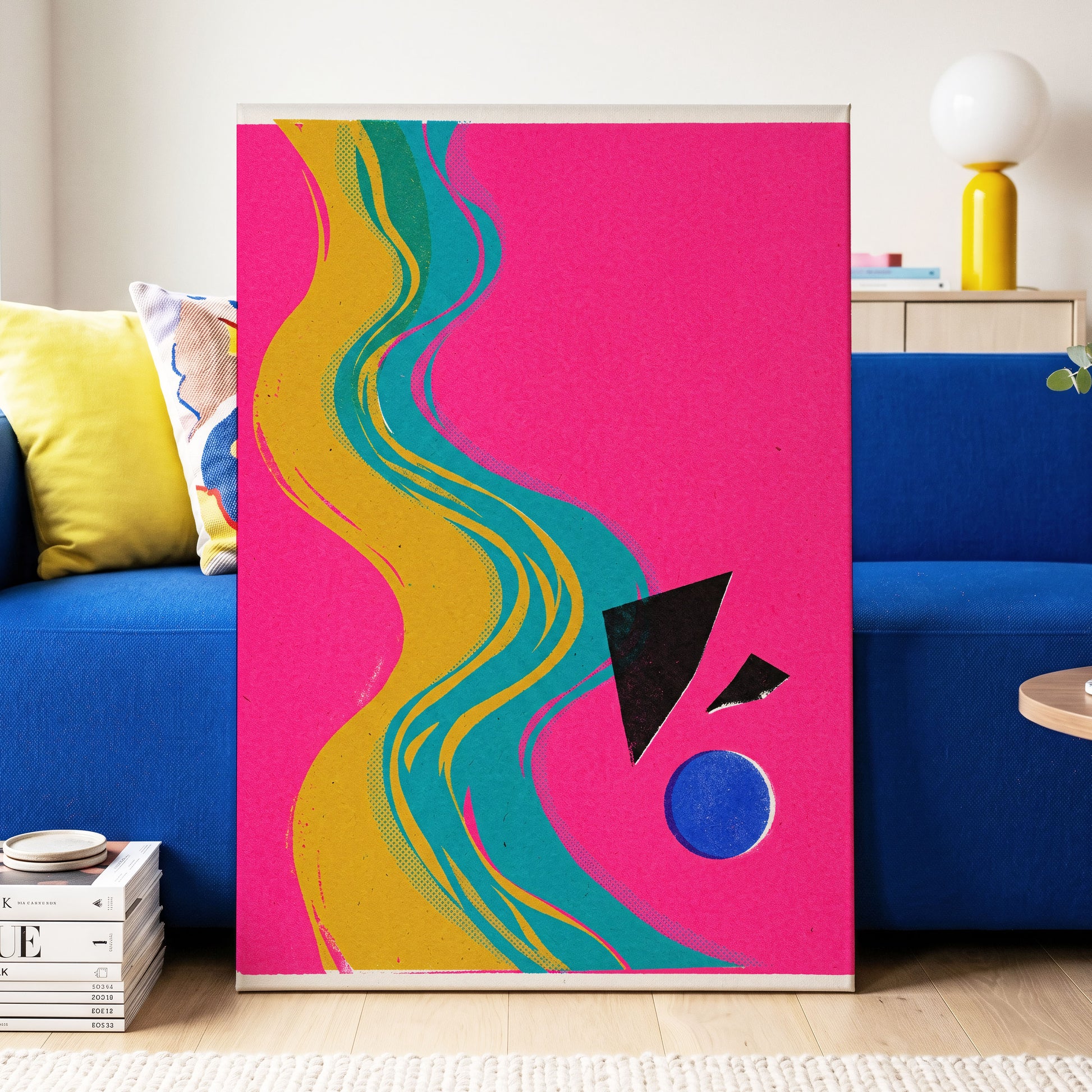 Electric River, pink, gold, green abstract wall art on canvas displayed in a styled interior, gallery view 2