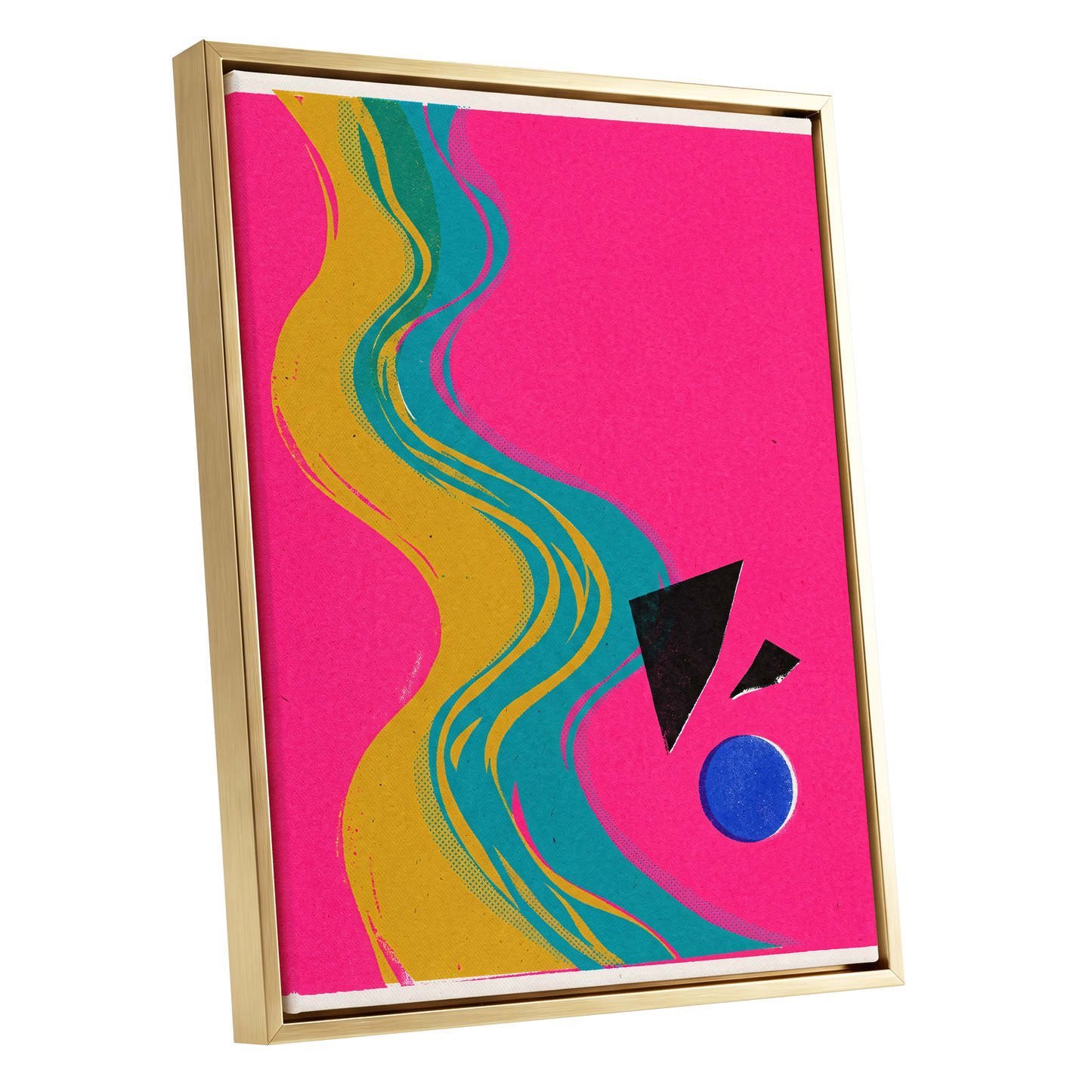 Electric River, pink, gold, green abstract wall art shown as a gold framed canvas wall art
