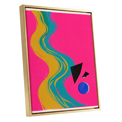 Electric River, pink, gold, green abstract wall art shown as a gold framed canvas wall art