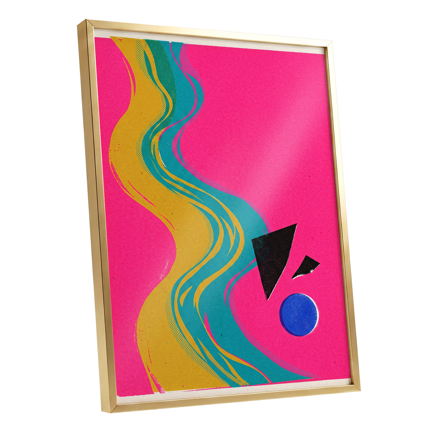 Electric River, pink, gold, green abstract wall art shown as a gold framed poster wall art print