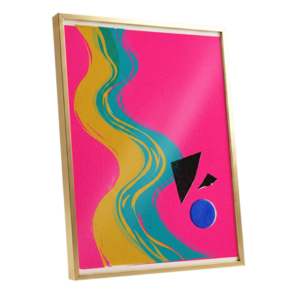Electric River, pink, gold, green abstract wall art shown as a gold framed poster wall art print
