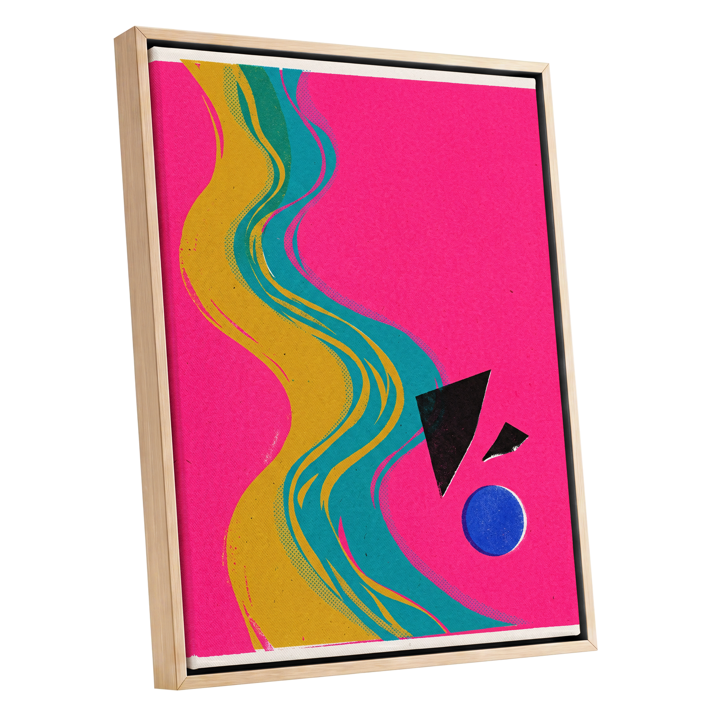 Electric River, pink, gold, green abstract wall art shown as a oak framed canvas wall art